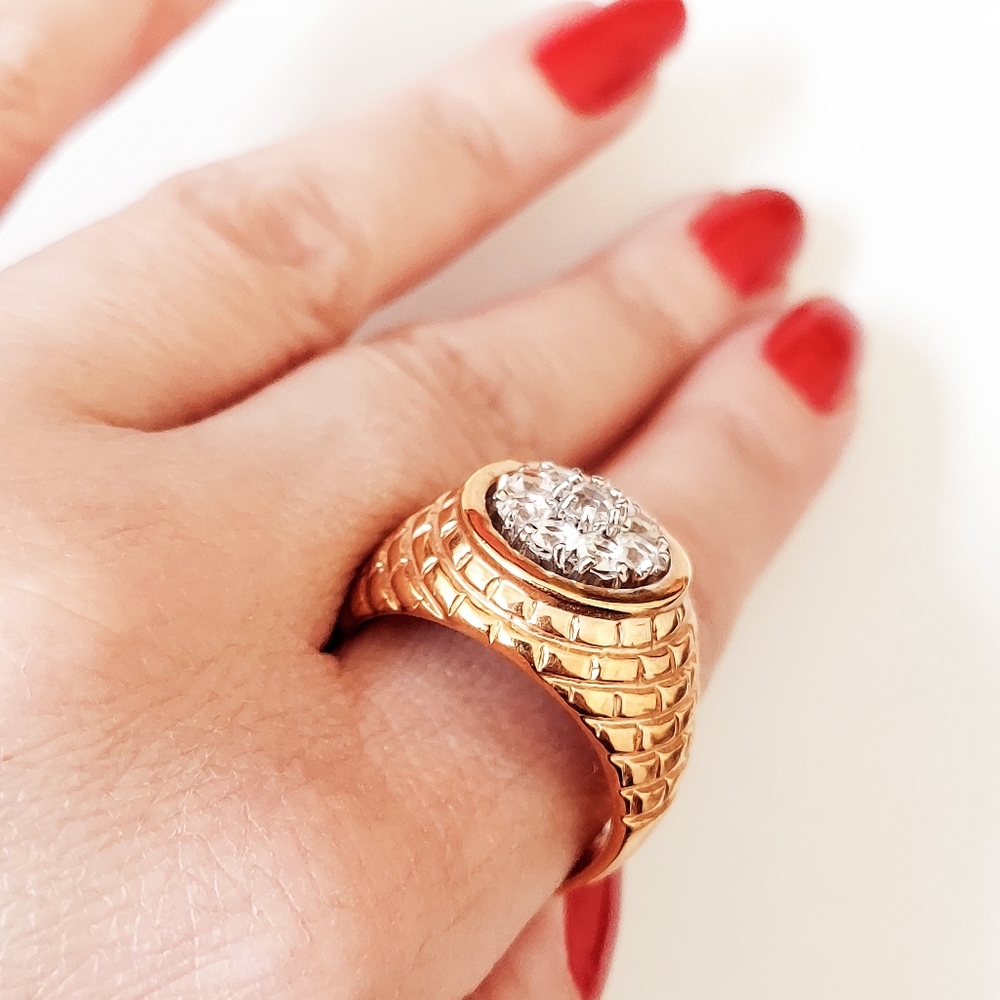 Vintage 70s 80s Mens 18kt gold ep men's ring bling CZ size 12 basket weave